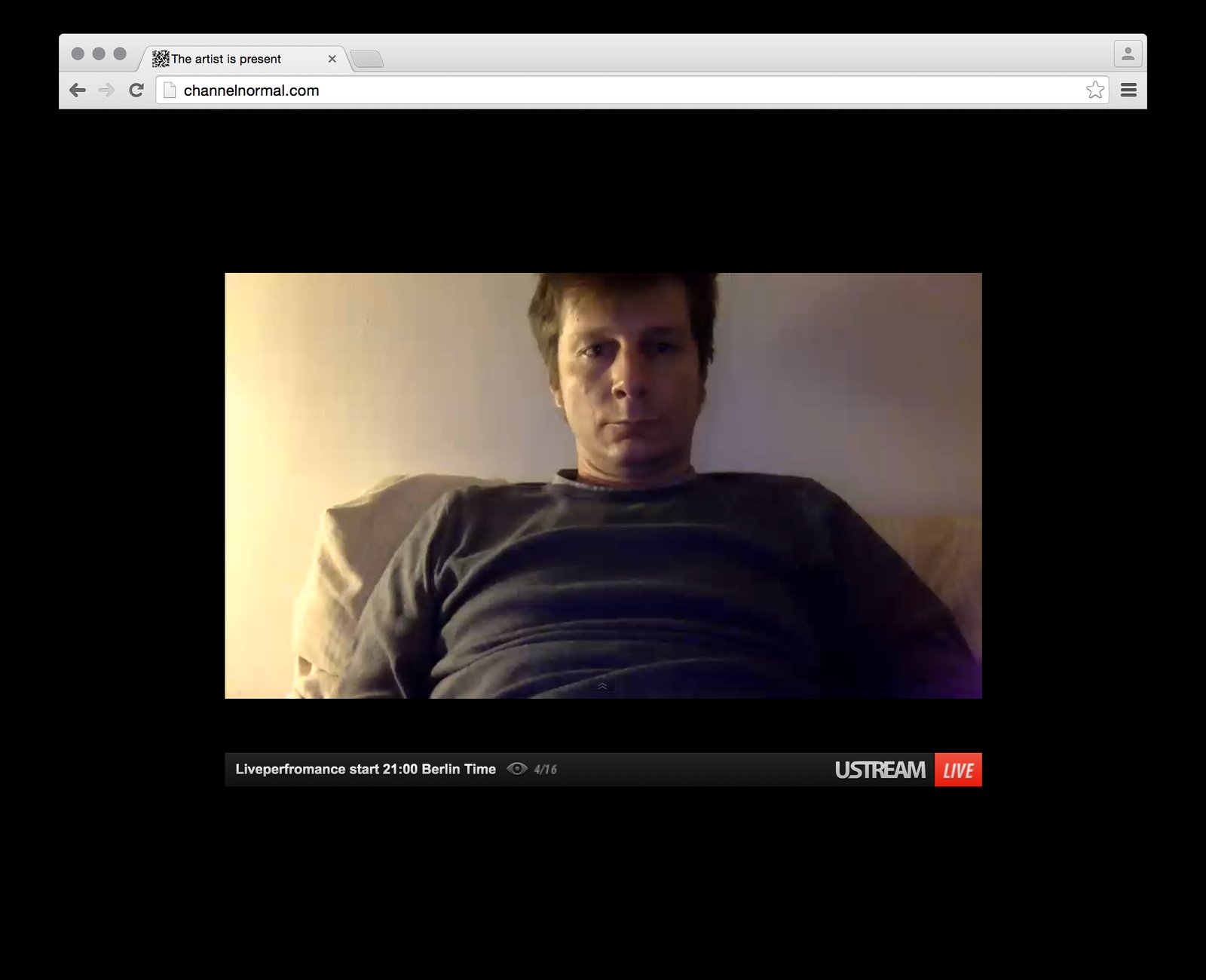 A browser window on channelnormal.com showing the artist's live webcam feed